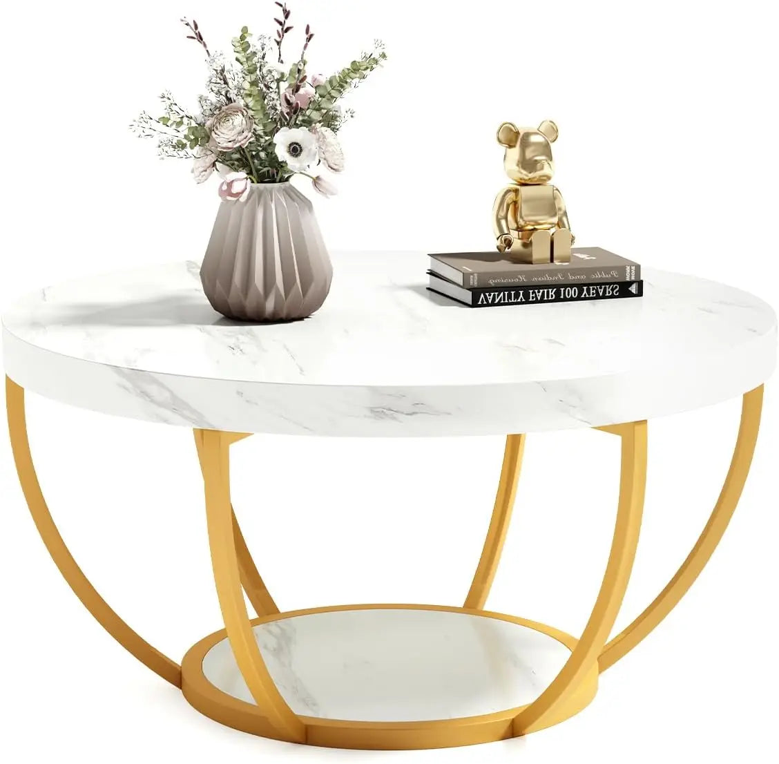 32 Inch Circle Marble Coffee Table with 2 Tier Golden Metal Legs Modern Accent Center Table for Home Furniture