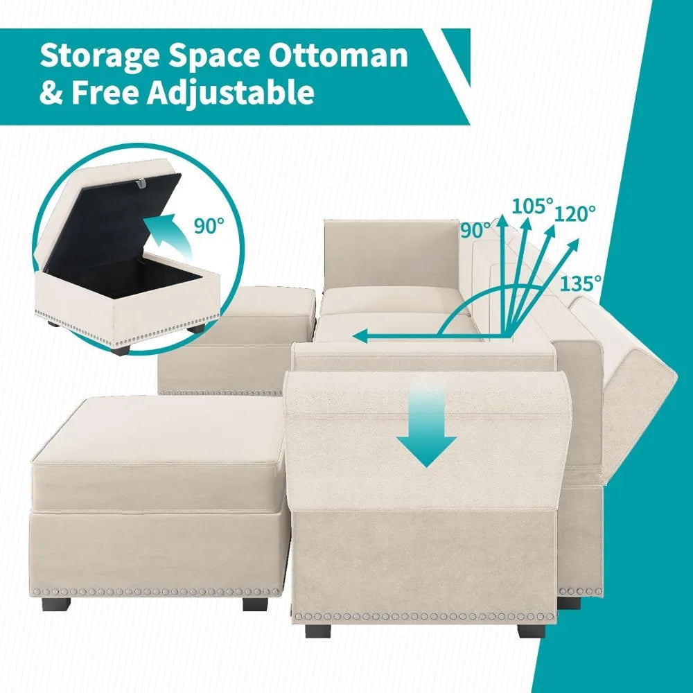 Modular Sectional Sofa 6 Seat U Shaped Sleeper Sofa Couch with Rivet Combination and Storage Ottoman Chaise Adjust
