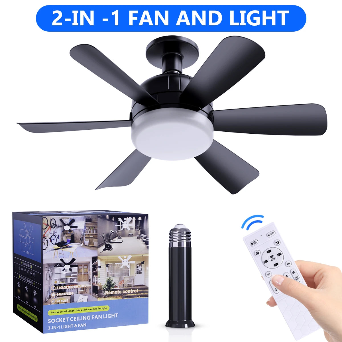 Socket LED Ceiling Fan Light E26 Remote Dimmable Three Color Speed Change Ideal for Living Room Study Household Use