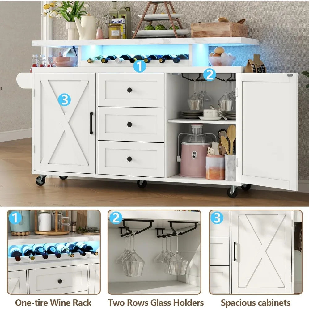 Kitchen Island Wheels With LED Lights 3 Drawers Spice Rack