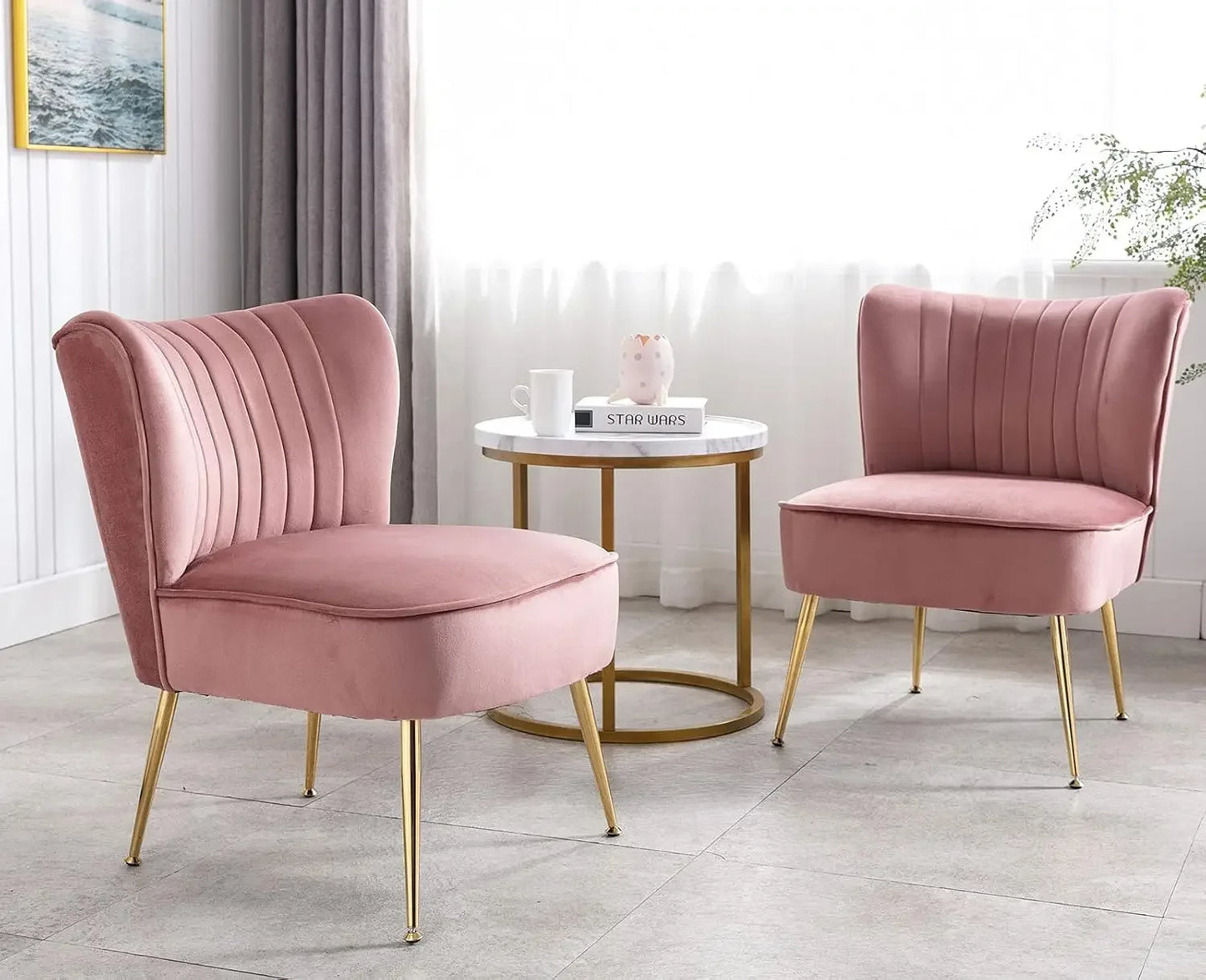 Velvet Accent Chairs Set of 2 Upholstered Side Chairs Mid Century Modern Slipper Chairs with Golden Legs