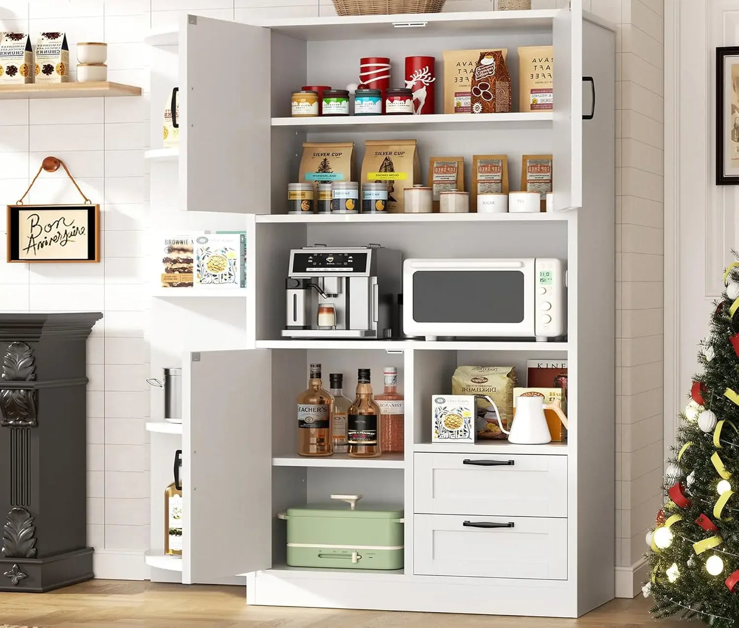 Farmhouse Kitchen Pantry Storage Cabinet with Microwave Shelf
