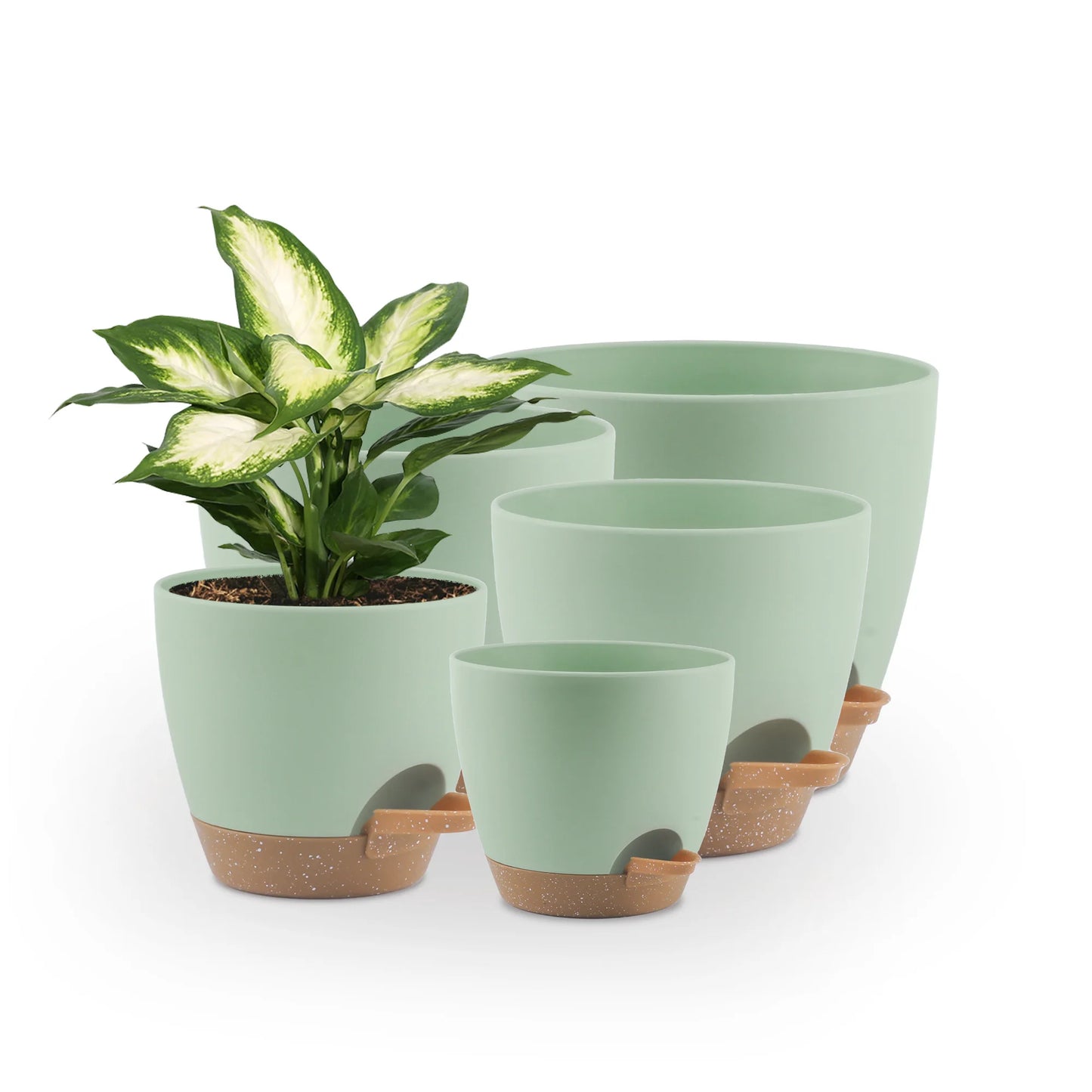 Five Piece Self Watering Planters With Drains And Saucers