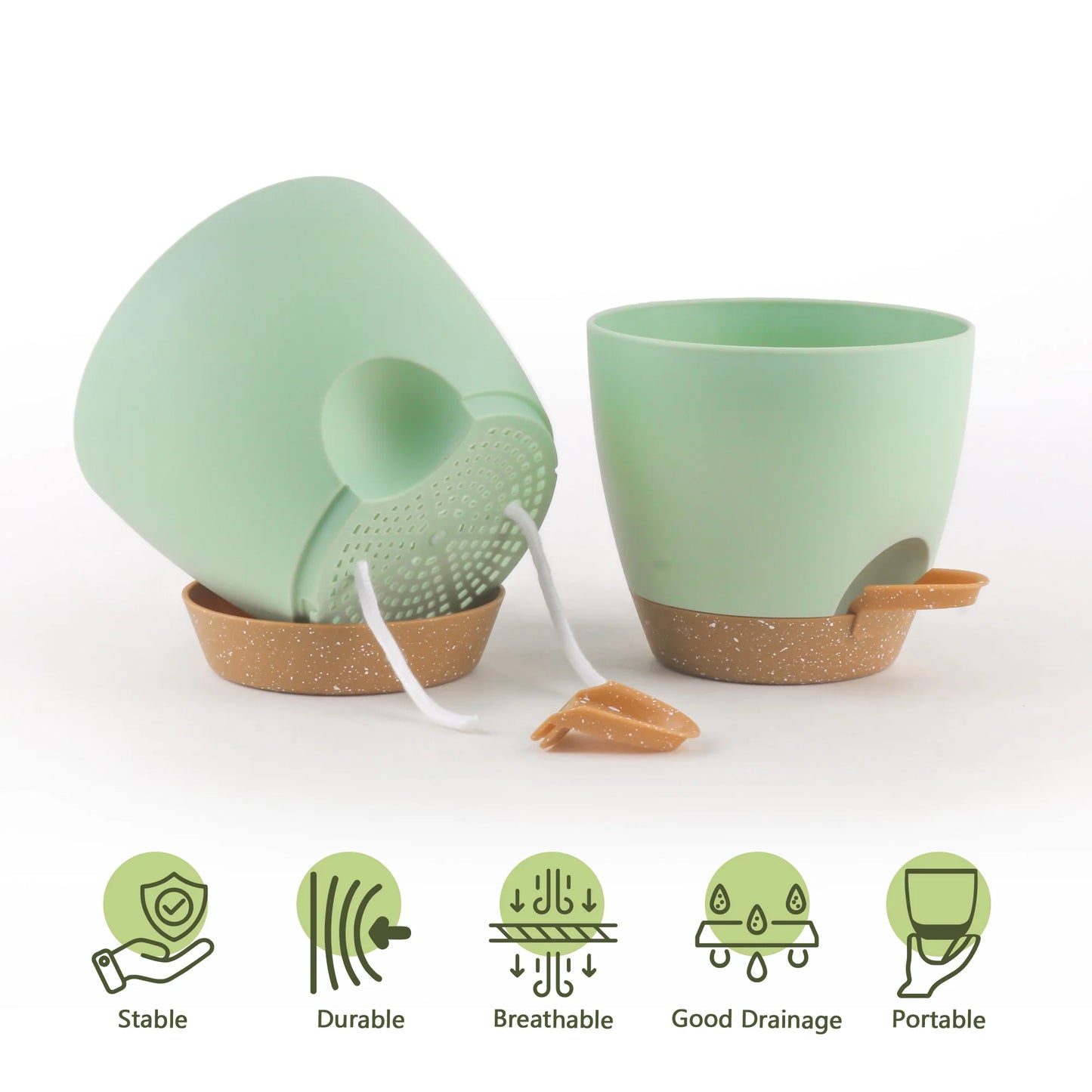 Five Piece Self Watering Planters With Drains And Saucers