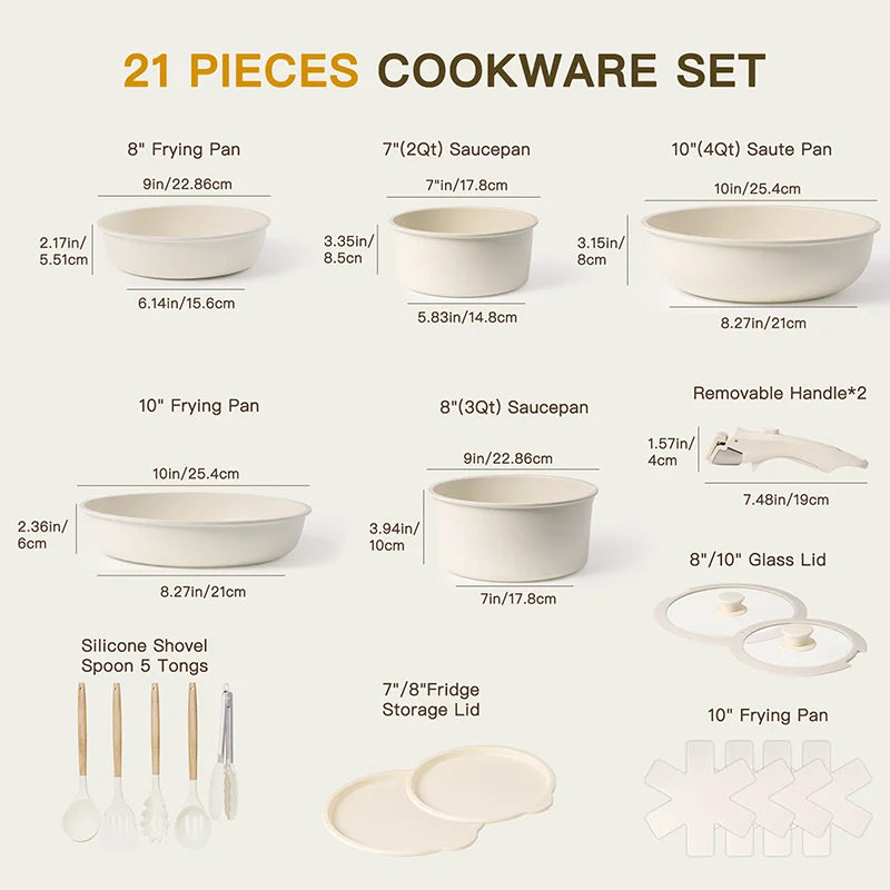 21 Piece Non Stick Pots and Pans Set Astercook Ceramic Cookware Set with Sensor Handles Milky White