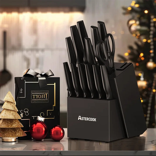 Astercook Kitchen Knife Set with Built-in Sharpener Block Dishwasher Safe 15 Pieces German Stainless Steel Knife Block Set