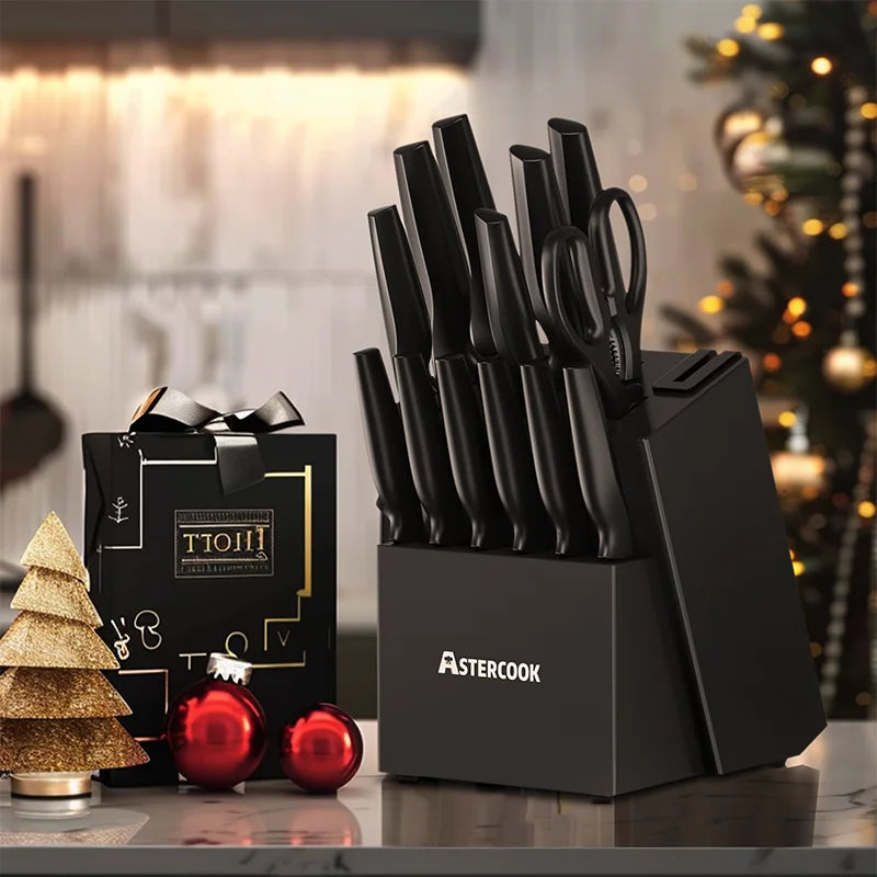 Astercook Kitchen Knife Set with Sharpener Block