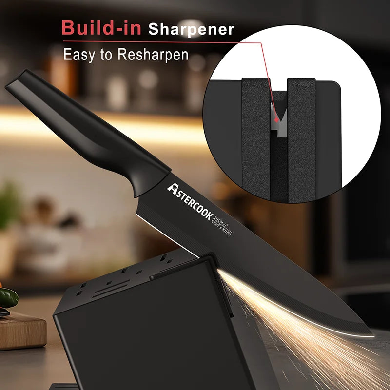 Astercook Kitchen Knife Set with Sharpener Block