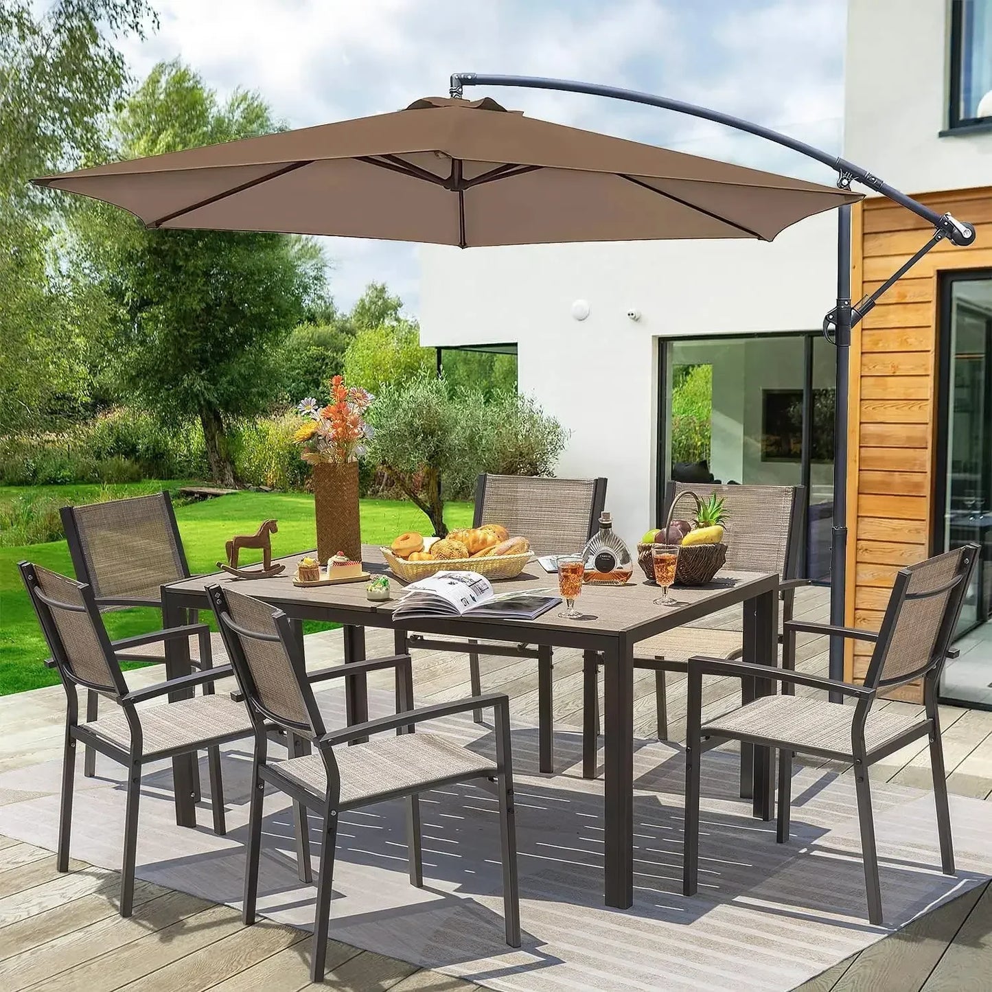 Patio Dining Set 7 Pieces Outdoor Furniture Large Table and 6 Textilene Chairs Brown