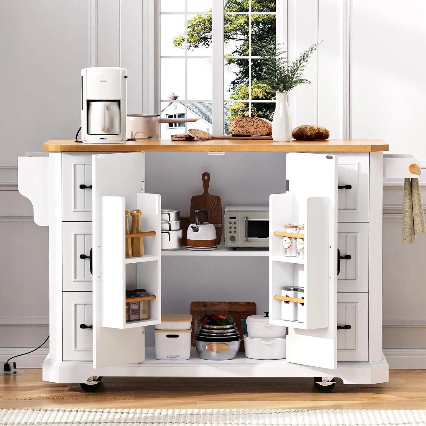 Rubber Wood Kitchen Island On Wheels With Drop Leaf