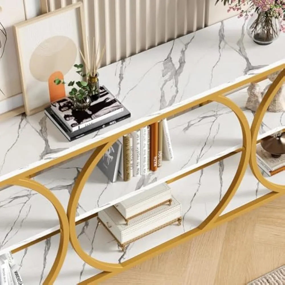 Modern White Gold Console Table 70.8 Inch With 3 Tiers
