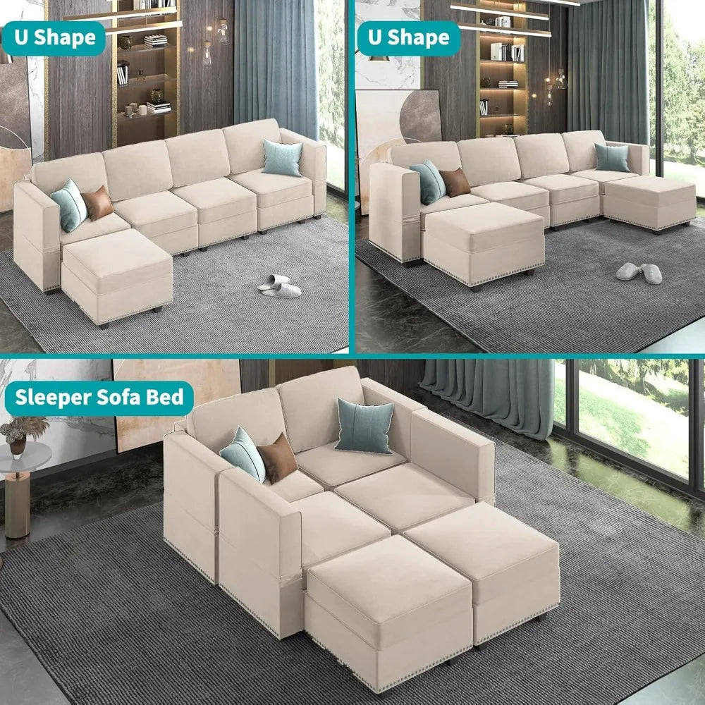 Modular Sectional Sofa 6 Seat U Shaped Sleeper Sofa Couch with Rivet Combination and Storage Ottoman Chaise Adjust