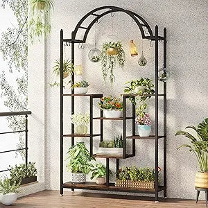 5 Tier Tall Indoor Plant Stand 74.8 Inch Arched Metal Flower Shelf with Hanging Hooks Large Bonsai Pots Display Rack