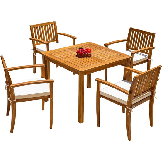 5 Piece Outdoor Dining Set Acacia Wood Patio Table and Chairs with Soft Cushions