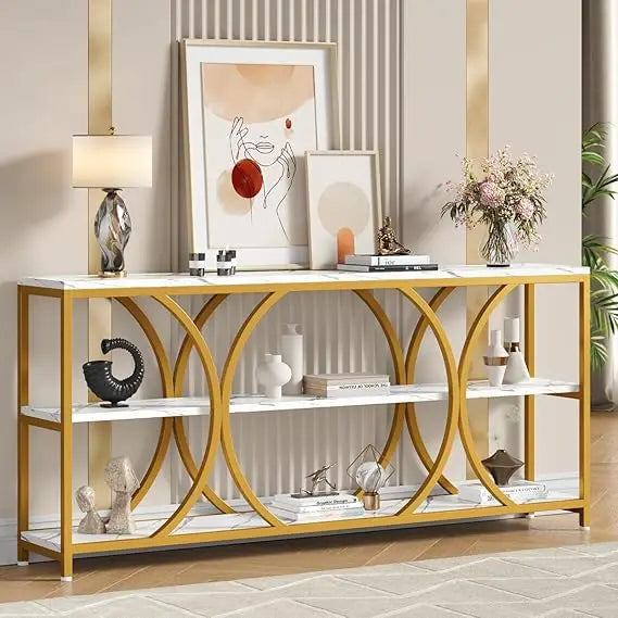 Modern White Gold Console Table 70.8 Inch With 3 Tiers