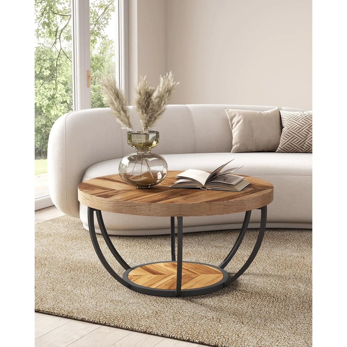 32 Inch Circle Marble Coffee Table with 2 Tier Golden Metal Legs Modern Accent Center Table for Home Furniture