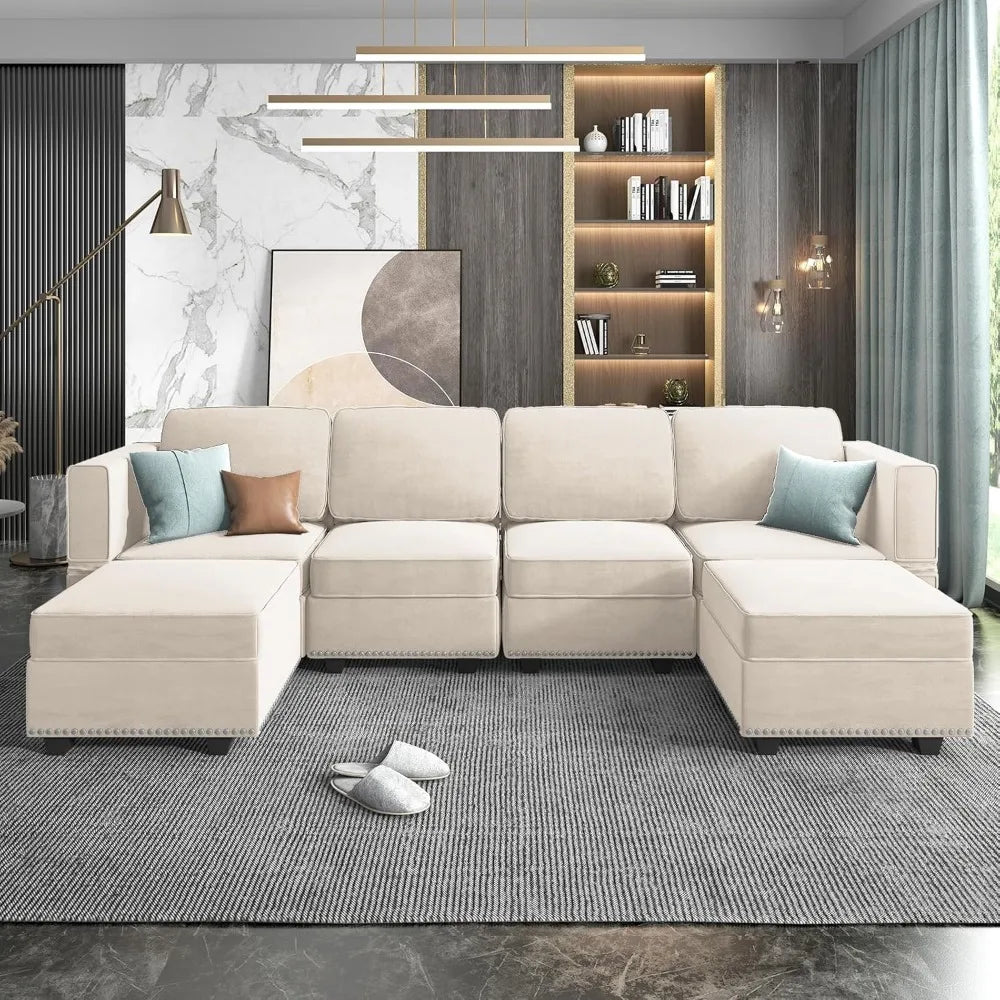 Modular Sectional Sofa 6 Seat U Shaped Sleeper Sofa Couch with Rivet Combination and Storage Ottoman Chaise Adjust