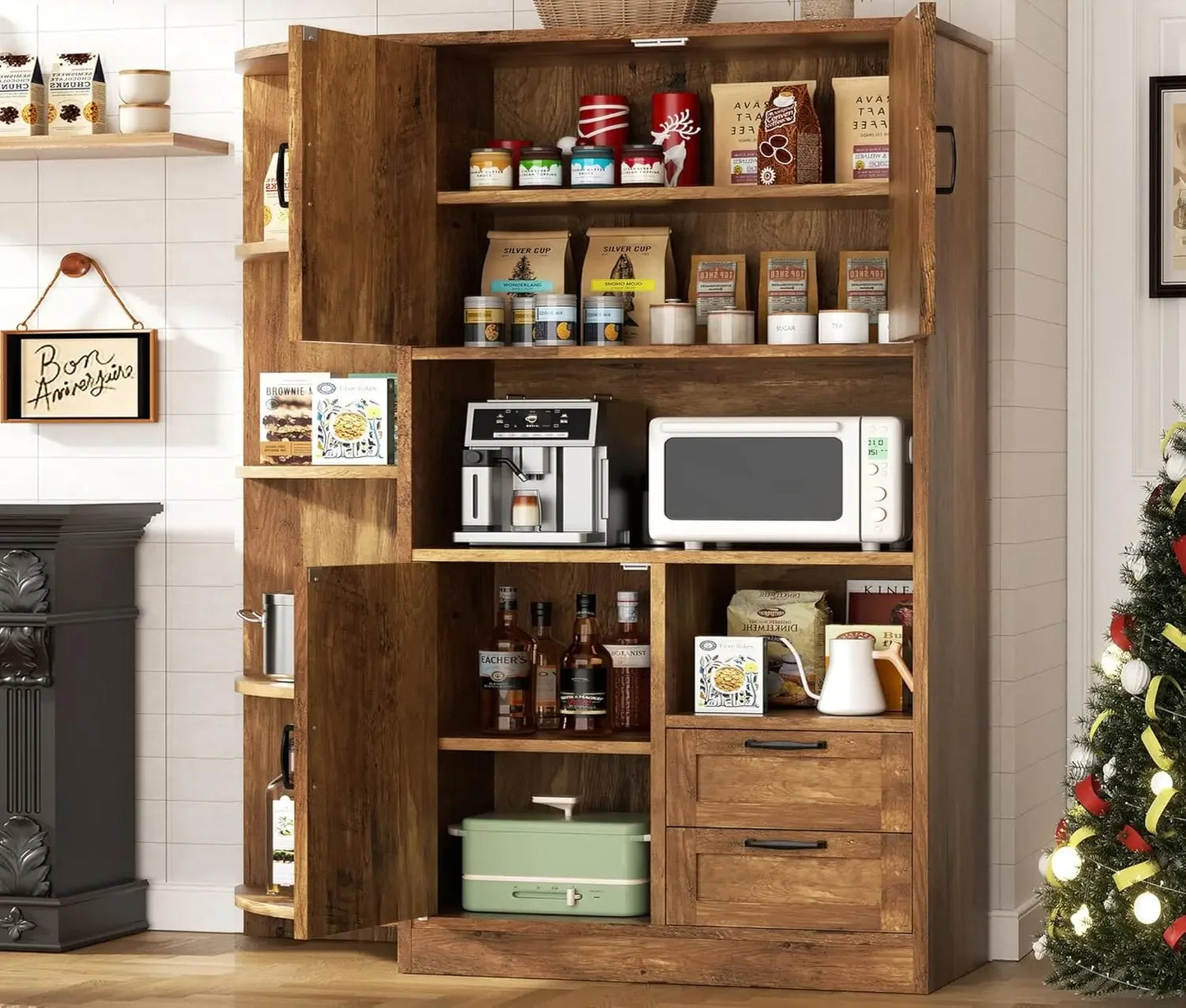 Farmhouse Kitchen Pantry Storage Cabinet with Microwave Shelf