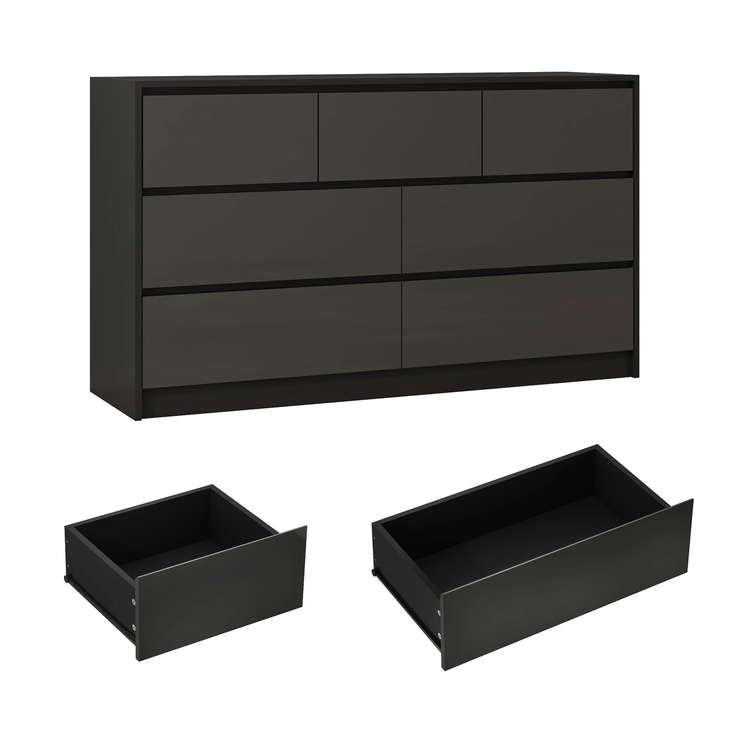 7 Drawer Dresser for Bedroom 55 Inch Modern High Gloss White and Black Wood Chest of Drawers