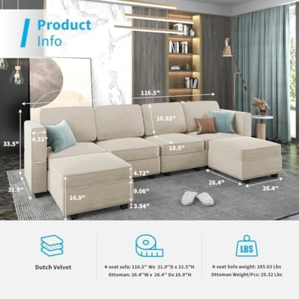 Modular Sectional Sofa 6 Seat U Shaped Sleeper Sofa Couch with Rivet Combination and Storage Ottoman Chaise Adjust