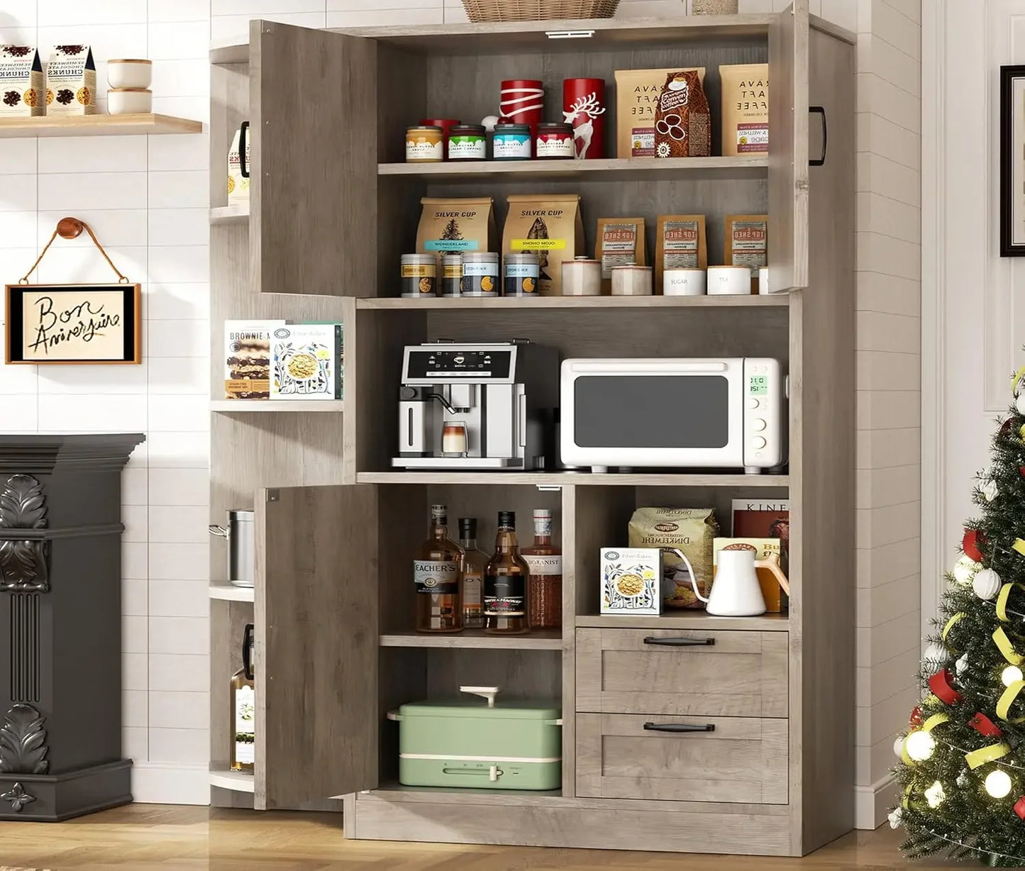 Farmhouse Kitchen Pantry Storage Cabinet with Microwave Shelf