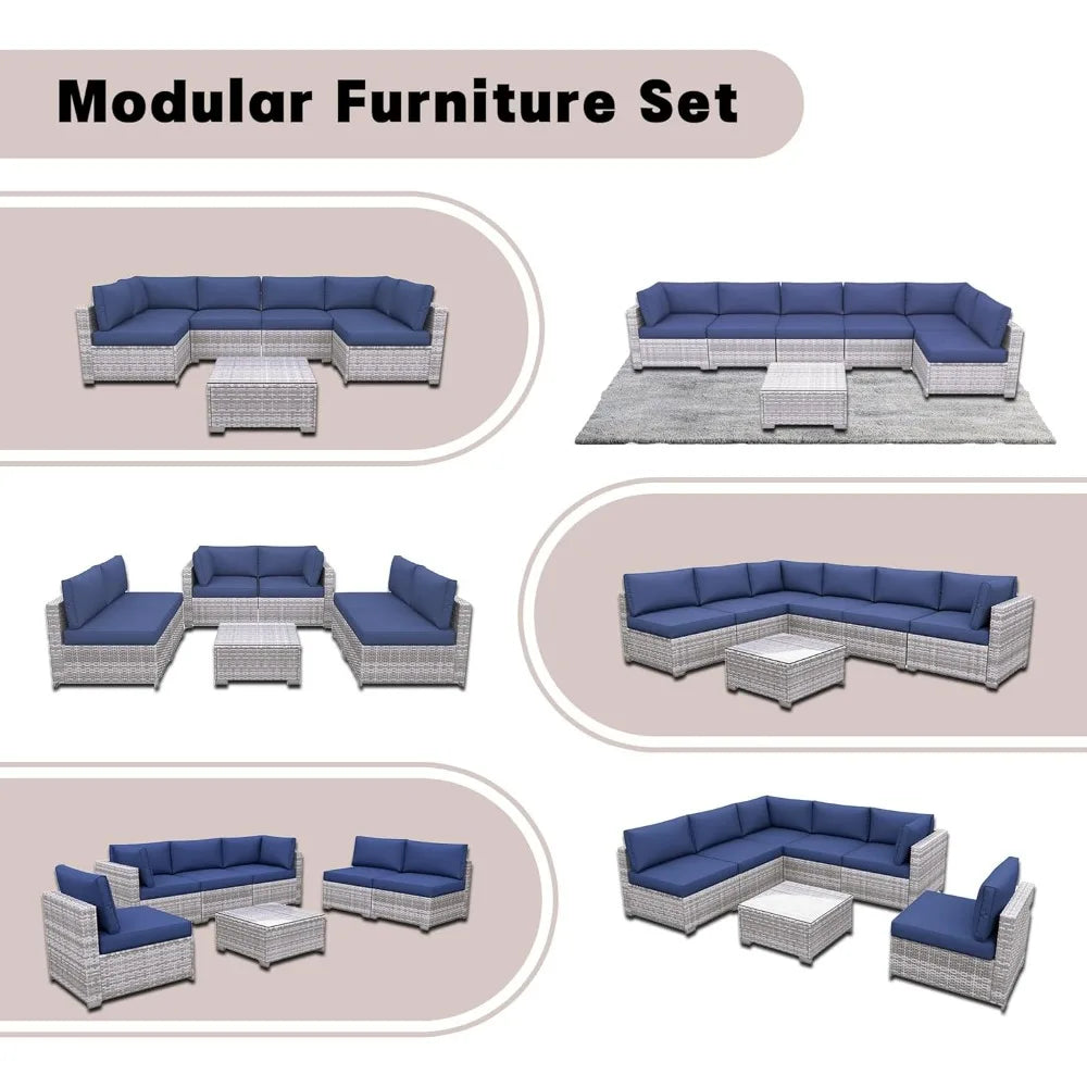 7 Pieces Outdoor Patio Furniture Set Rattan Sectional Sofa