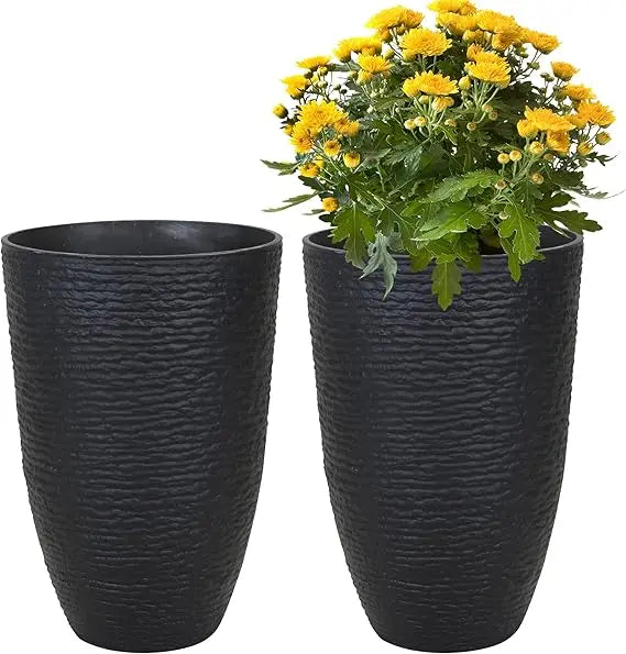 KOL 2 Pack 21 Inch Tall Plastic Planter Large Round Tapered Plant Pots Black Imitation Stone Finish