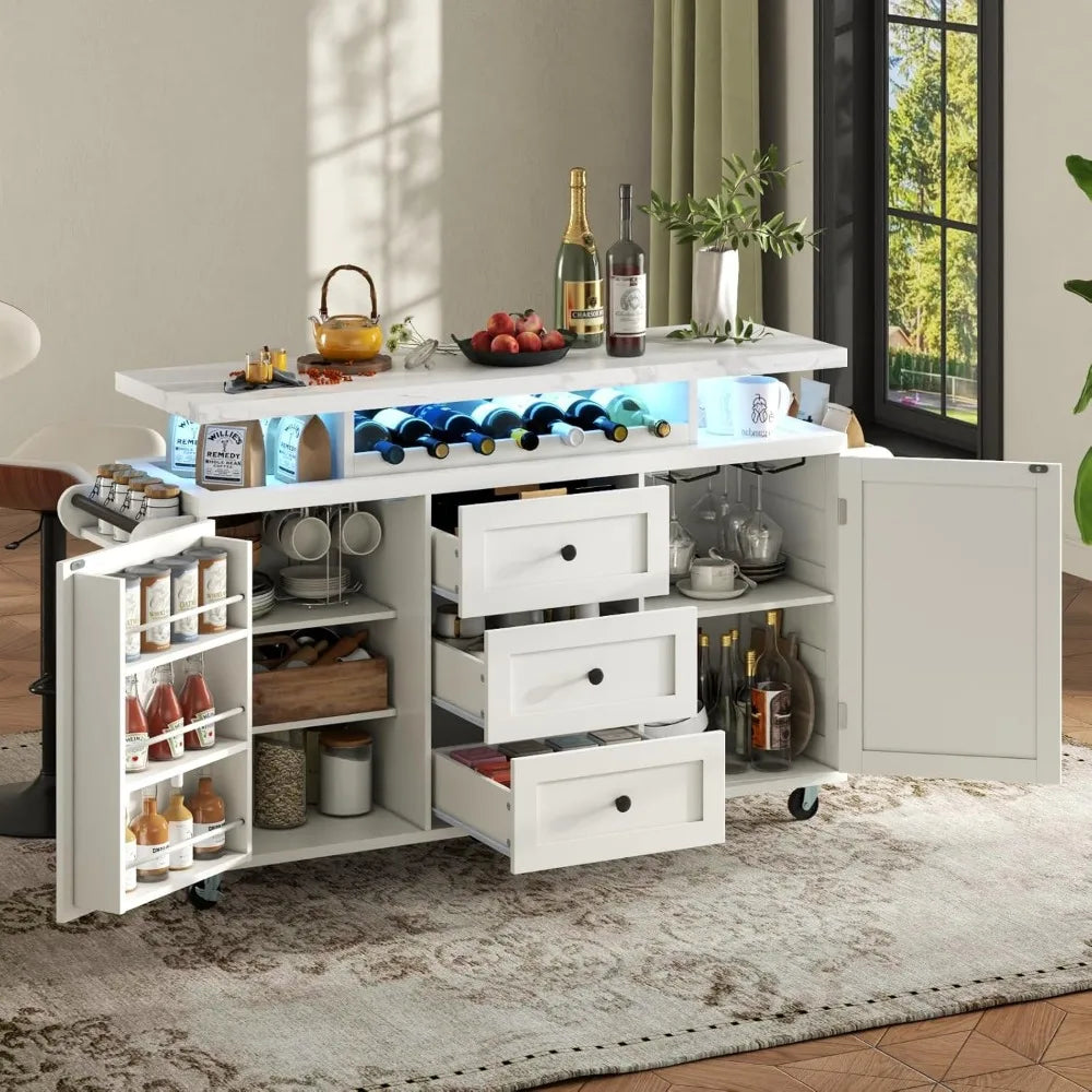 Kitchen Island Wheels With LED Lights 3 Drawers Spice Rack