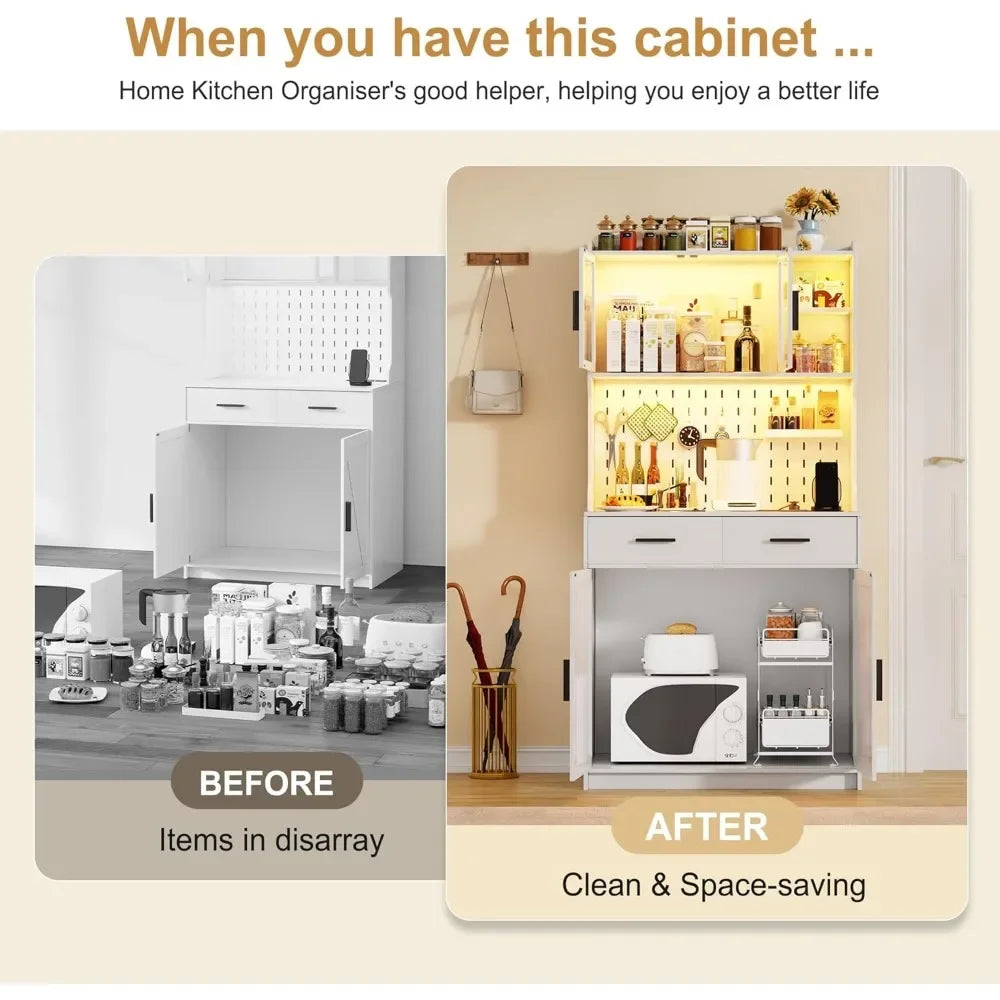 LED Kitchen Pantry Cabinet with Outlets Farmhouse Storage Cabinet with Drawers Adjustable Shelves 64 Inch Cupboard with Pegboard