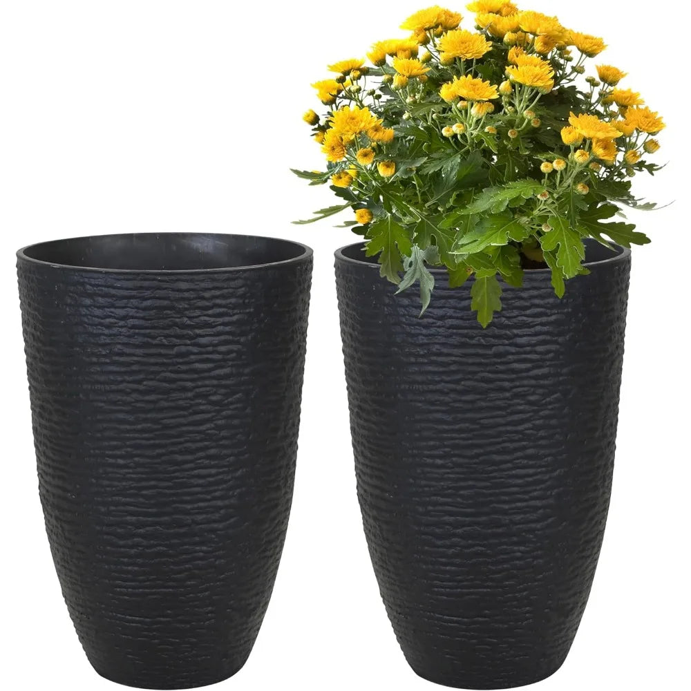 KOL 2 Pack 21 Inch Tall Plastic Planter Large Round Tapered Plant Pots Black Imitation Stone Finish