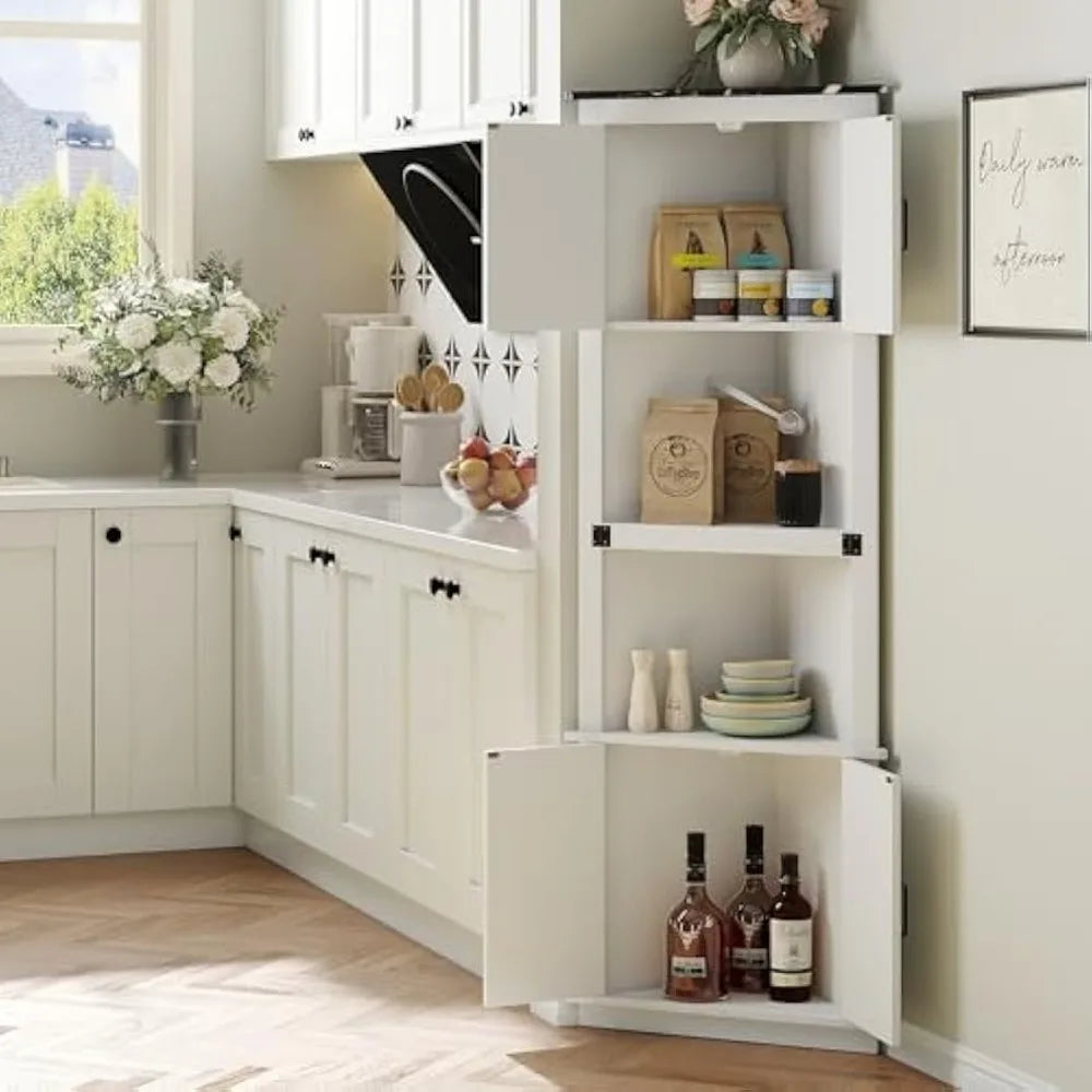 68 Inch Tall Corner Cabinet Farmhouse Storage Cabinet with 4 Barn Doors and 2 Open Shelves for Living Room and Kitchen