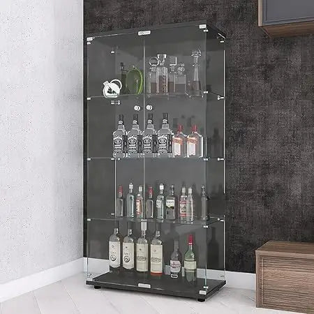 Glass Display Cabinet 4 Shelf Double Door Curio Cabinet Tempered Glass Floor Standing Bookshelf Black