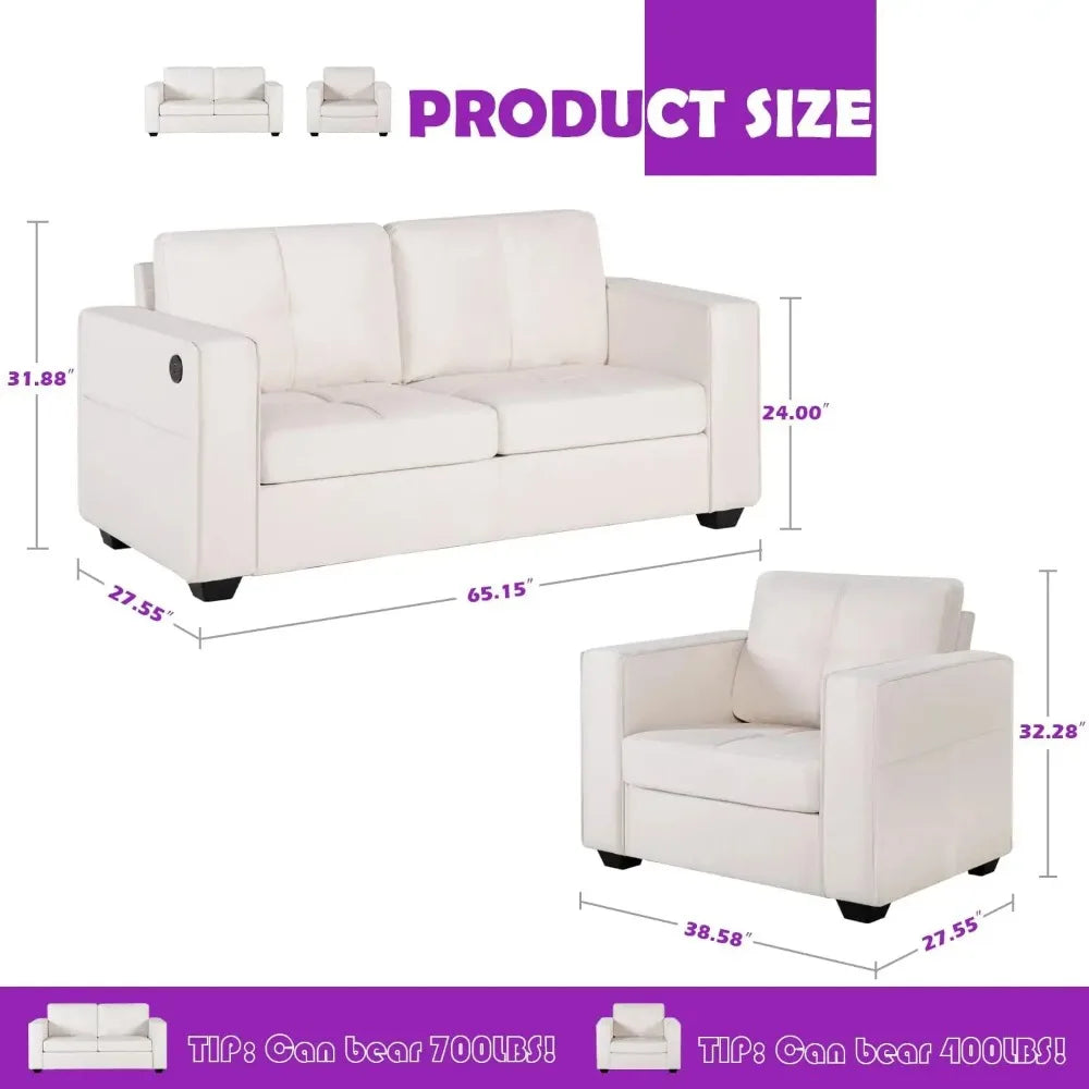 Modern Sectional Sofa Set 2 Piece Tufted Mid Century Loveseat Couch with USB Charging Ports Dark Grey