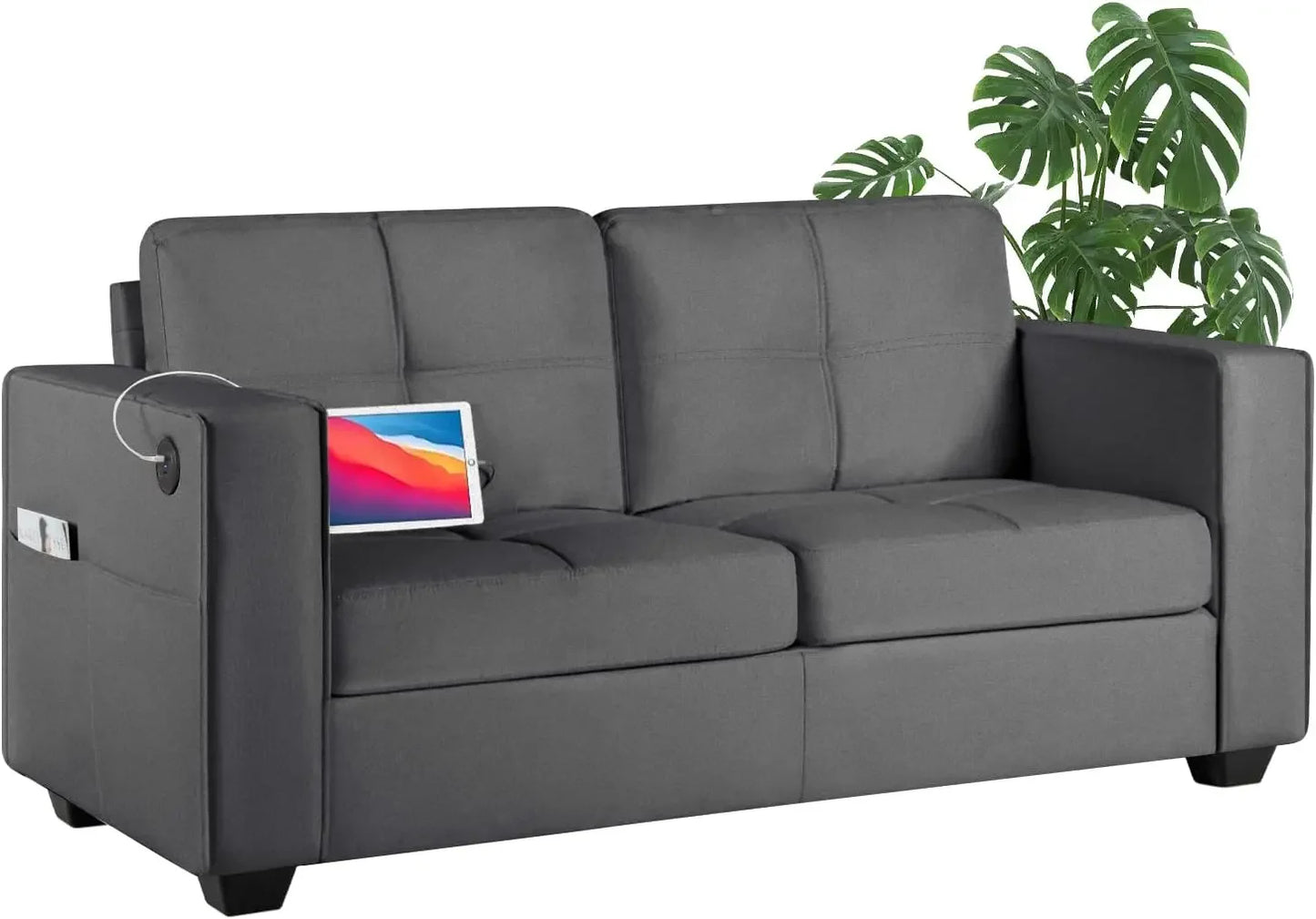 Modern Sectional Sofa Set 2 Piece Tufted Mid Century Loveseat Couch with USB Charging Ports Dark Grey