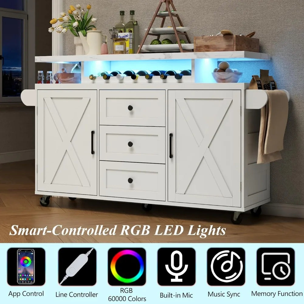 Kitchen Island Wheels With LED Lights 3 Drawers Spice Rack