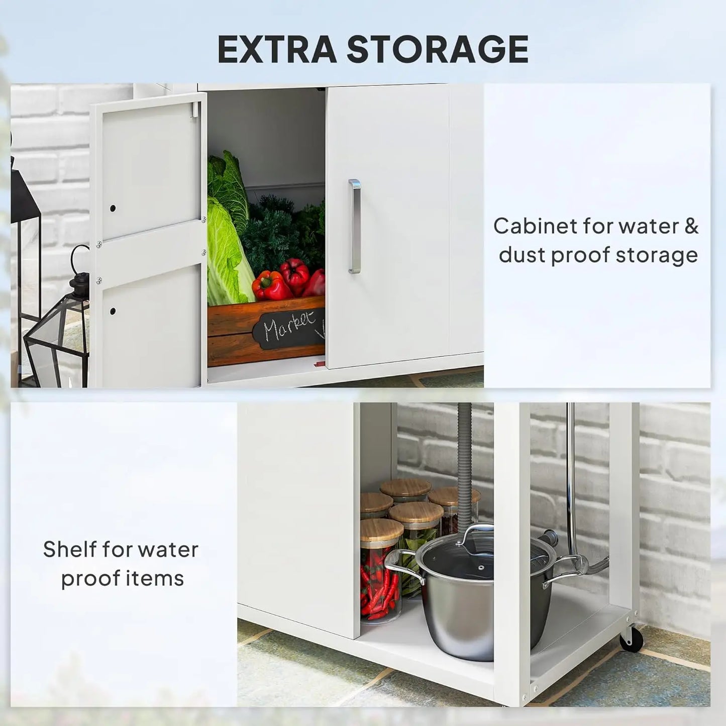 Outdoor Grill Table with Stainless Steel Sink and Drainage Grill Cart Foldable Side Table Kitchen Island on Wheels White