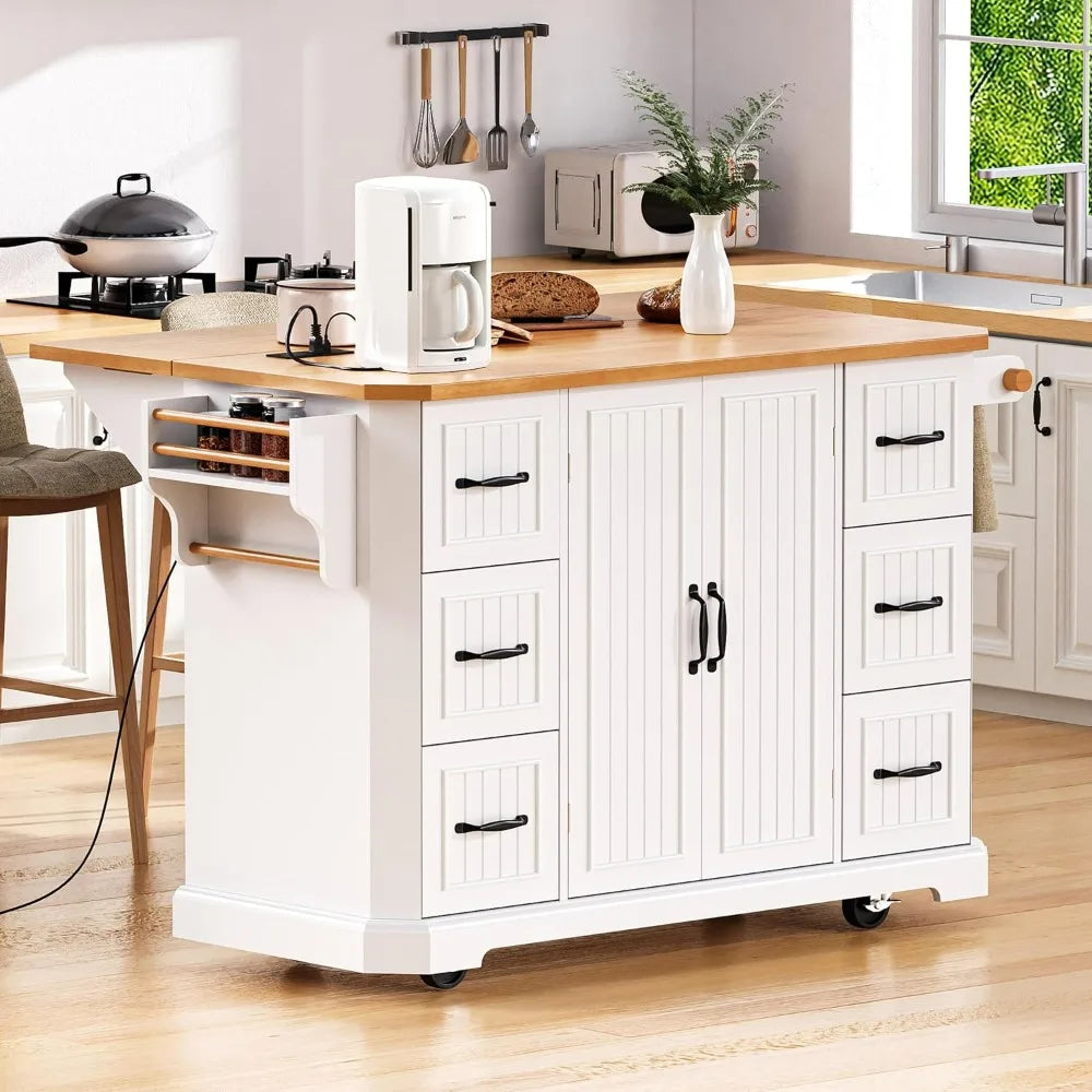 Rubber Wood Kitchen Island On Wheels With Drop Leaf