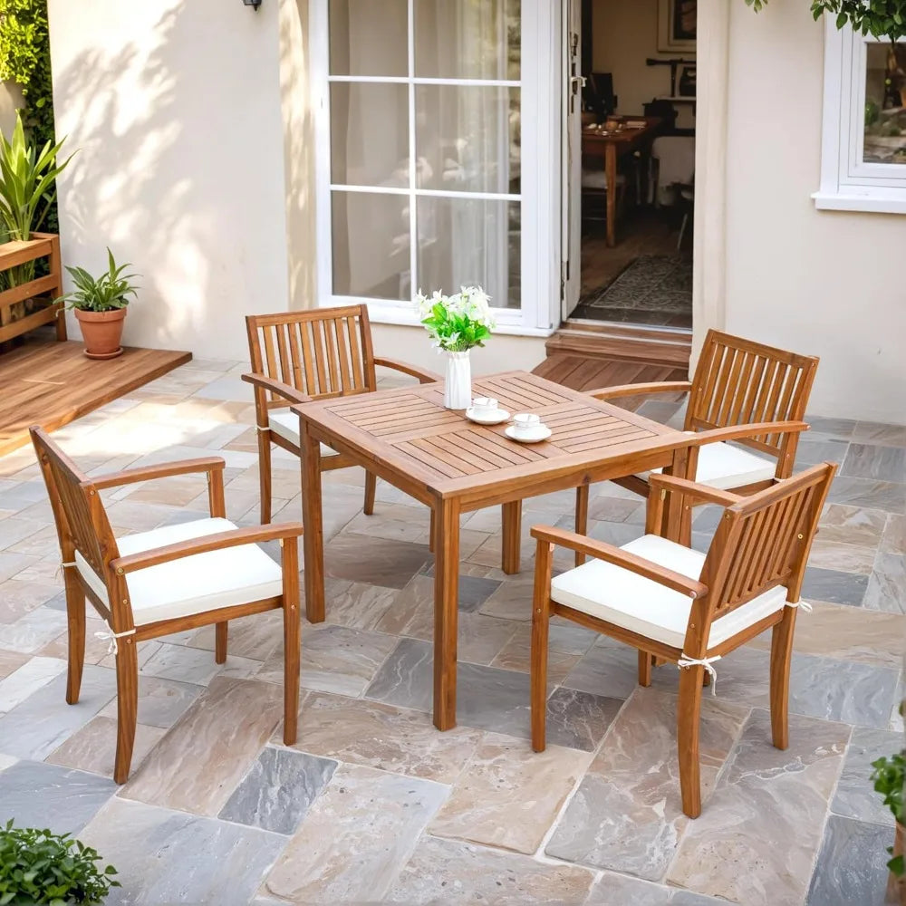 5 Piece Outdoor Dining Set Acacia Wood Patio Table and Chairs with Soft Cushions