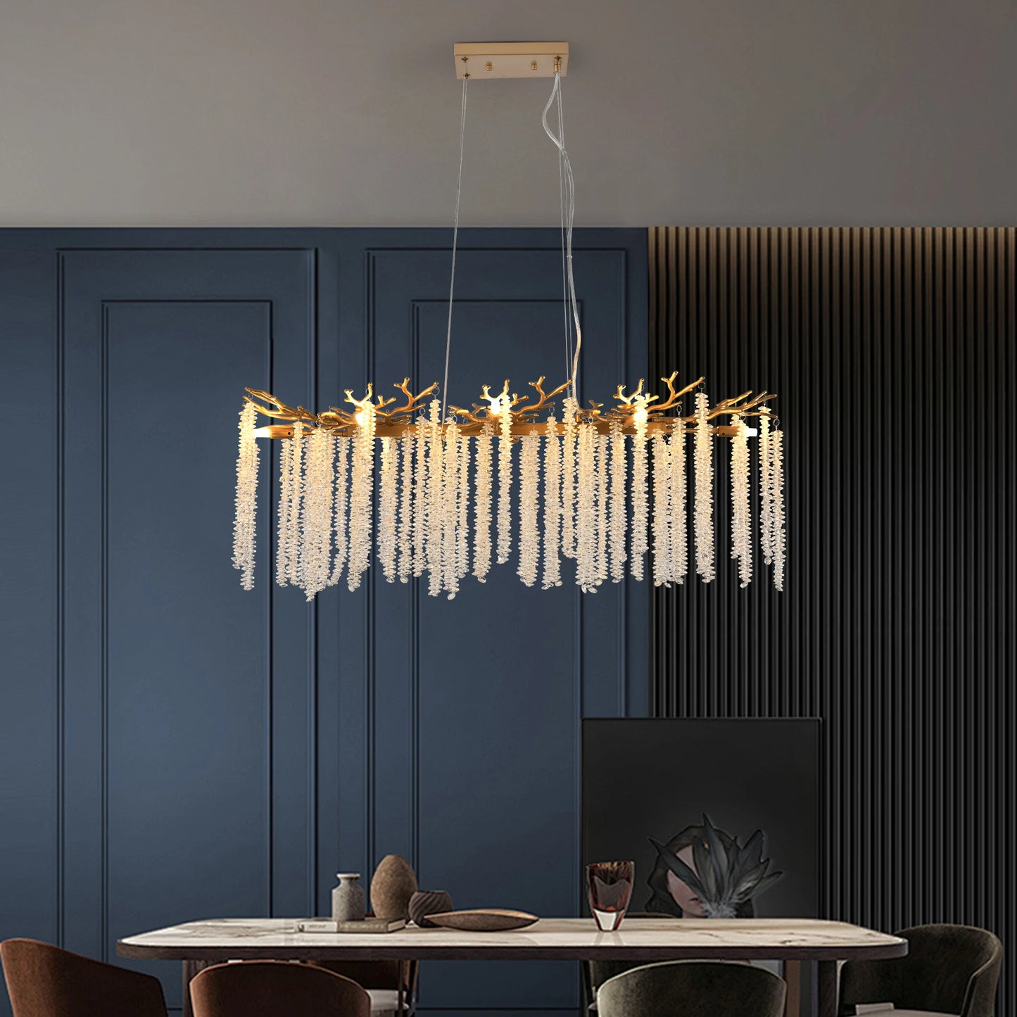 39.4 Inch Modern Golden Chandelier with Cascading Crystal Strings for Living Room Dining Room and Foyer