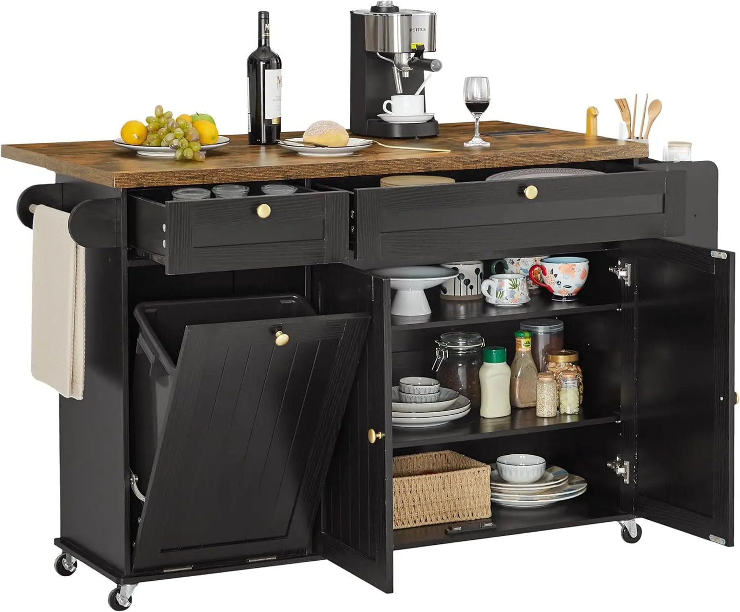 60 Inch Mobile Kitchen Island Rolling Trolley Table with Drop Leaf Power Outlet Spice Rack Towel Rack and Trash Storage