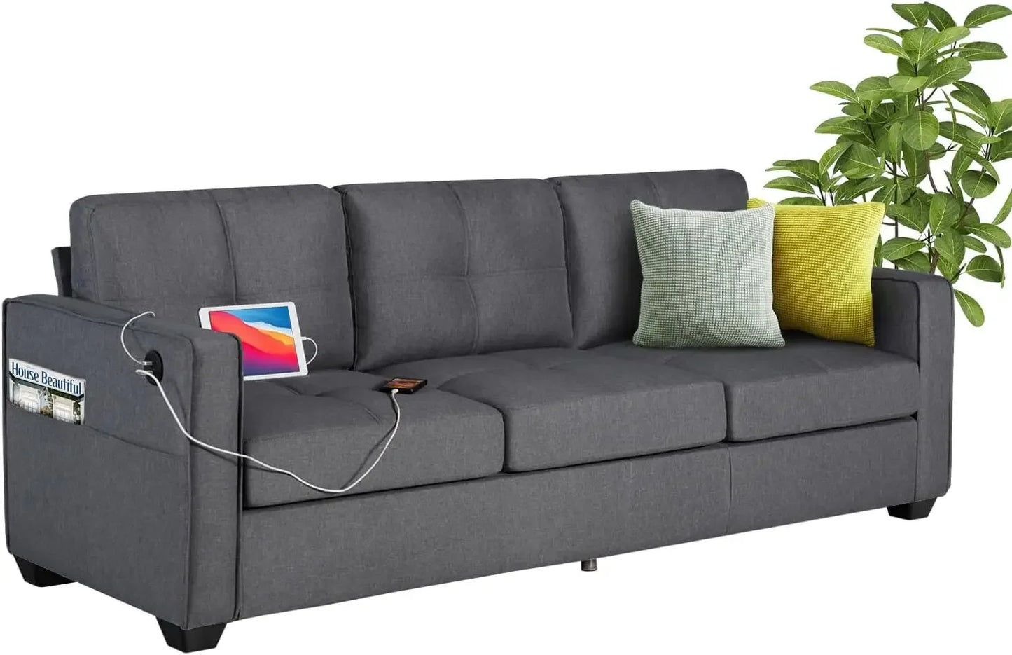 Modern Sectional Sofa Set 2 Piece Tufted Mid Century Loveseat Couch with USB Charging Ports Dark Grey