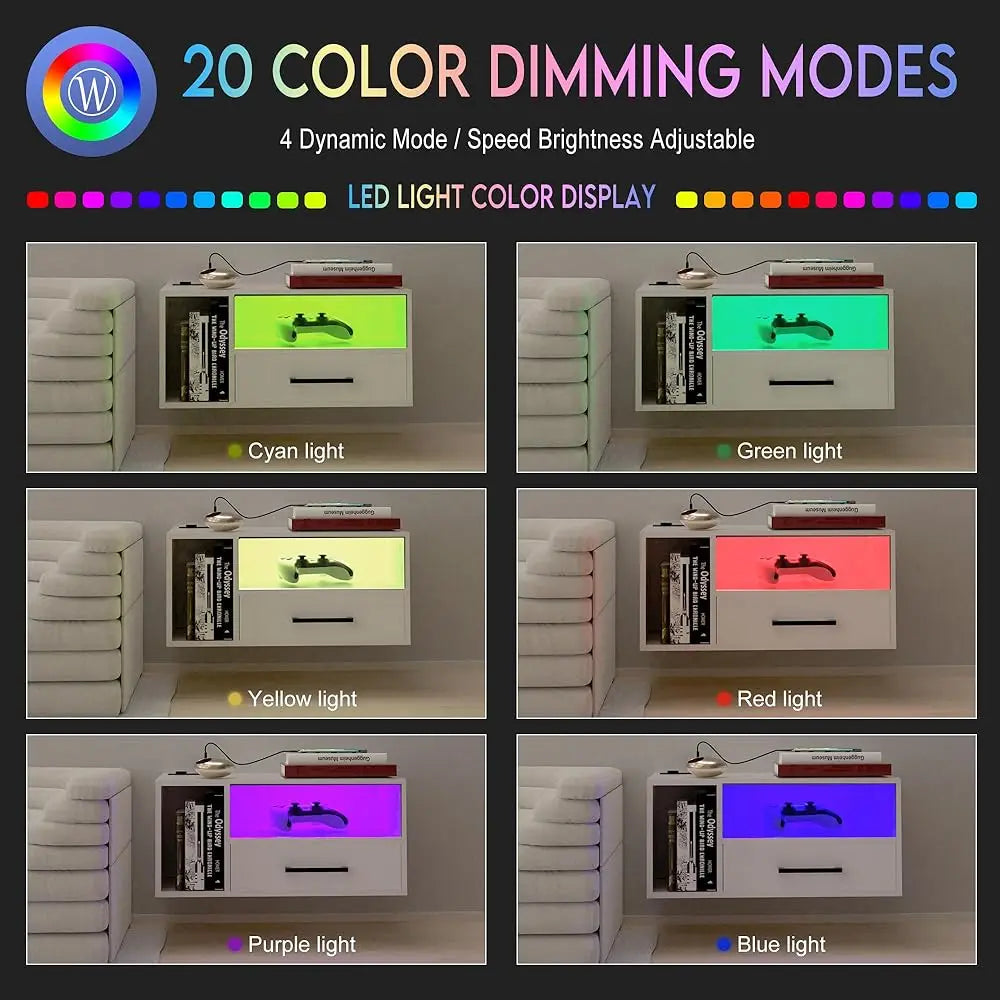 Floating Nightstand With Charging Station And LED Strips