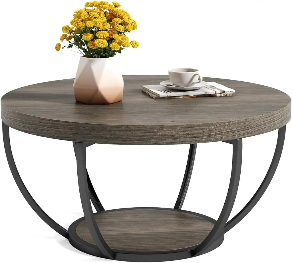 32 Inch Circle Marble Coffee Table with 2 Tier Golden Metal Legs Modern Accent Center Table for Home Furniture