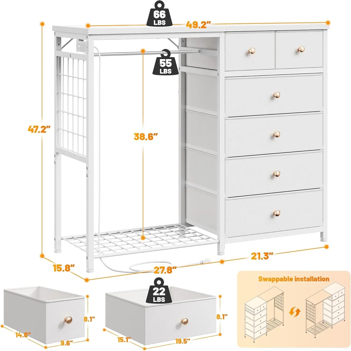 49.2 Inch White Dresser for Bedroom with Hanging Rack and Charging Station Six Drawer Dresser with LED Lights and Fabric Storage