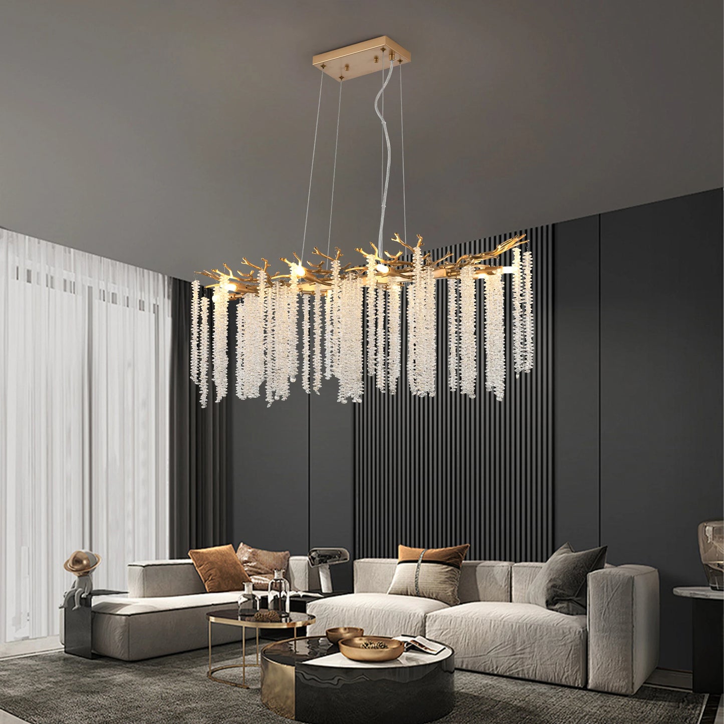 39.4 Inch Modern Golden Chandelier with Cascading Crystal Strings for Living Room Dining Room and Foyer
