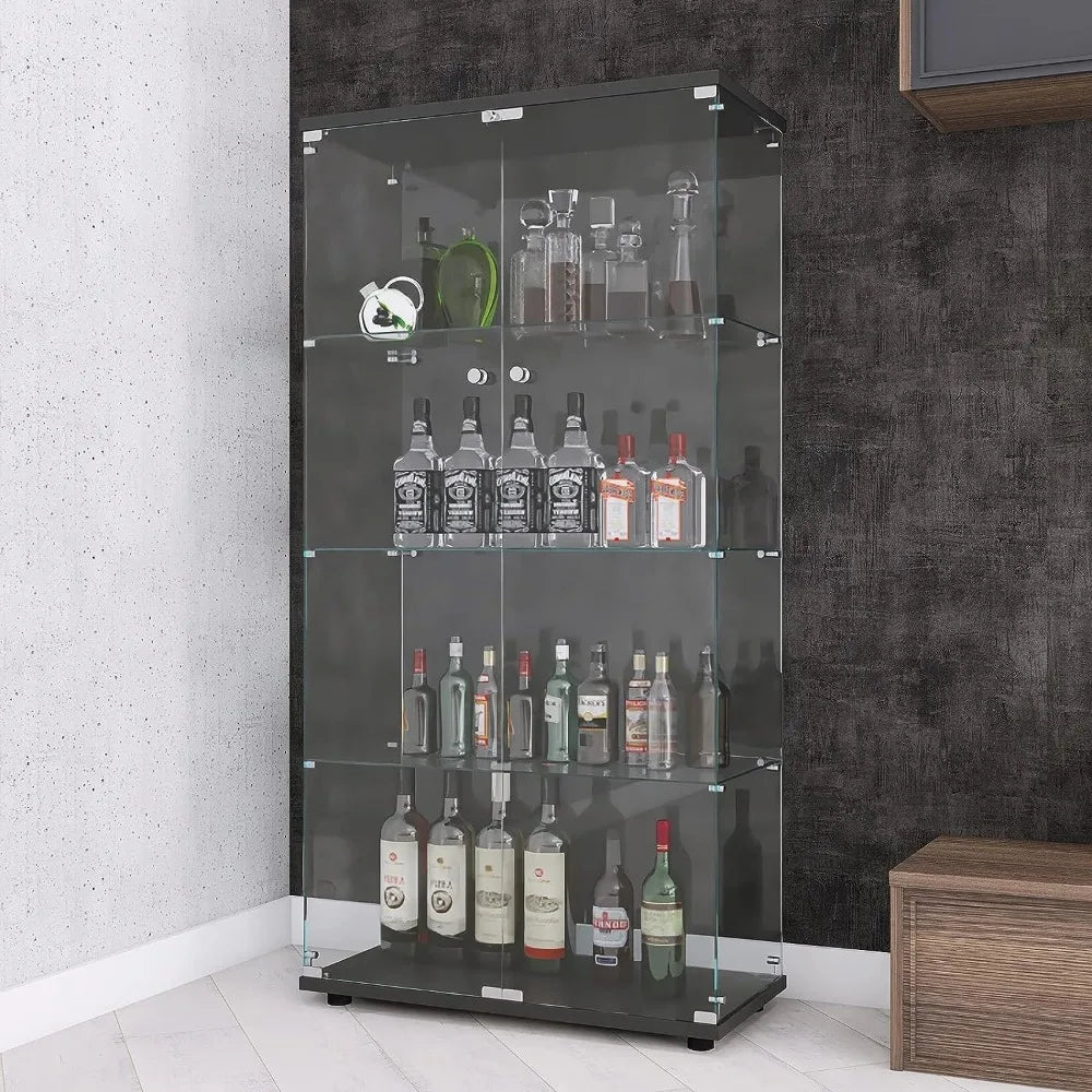 Glass Display Cabinet 4 Shelf Double Door Curio Cabinet Tempered Glass Floor Standing Bookshelf Black