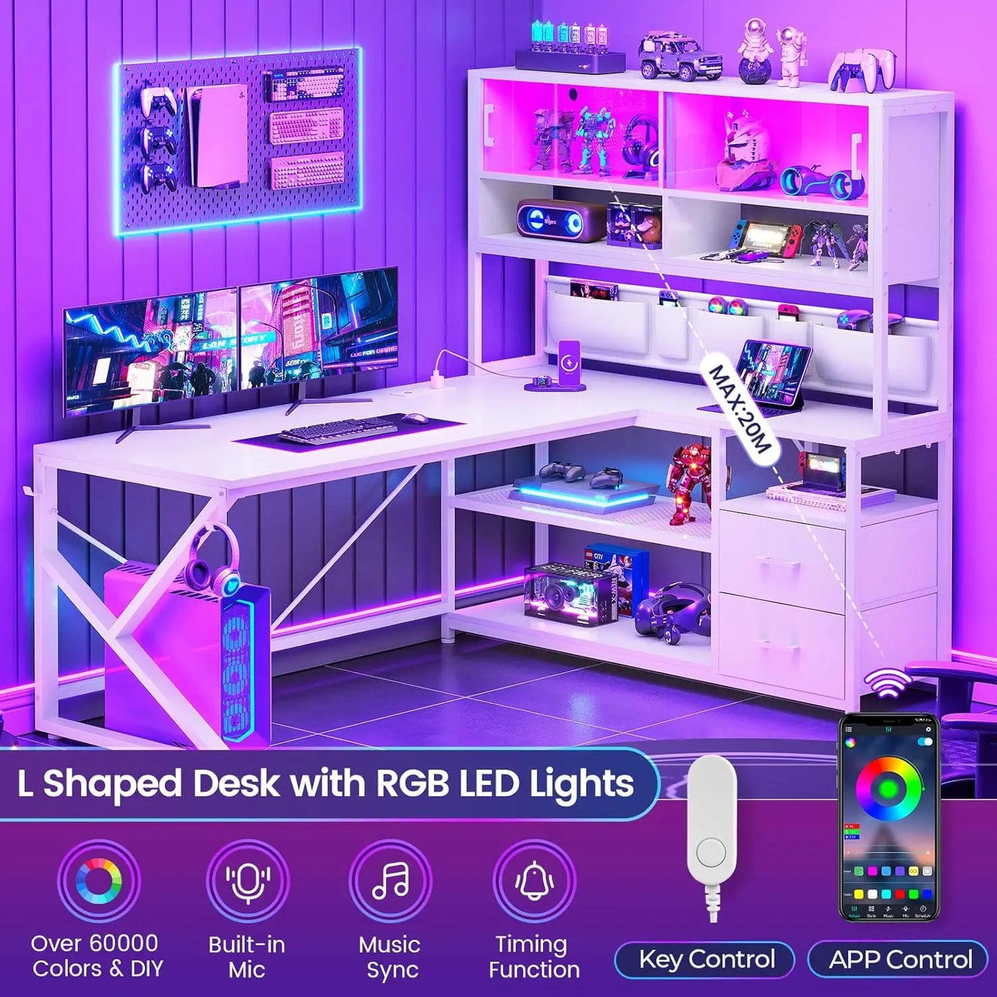 L Shaped Gaming Desk Home Office Computer Desk with 2 Drawers and Bookshelf LED Light Feature