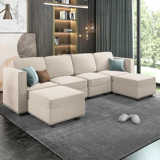 Modular Sectional Sofa 6 Seat U Shaped Sleeper Sofa Couch with Rivet Combination and Storage Ottoman Chaise Adjust