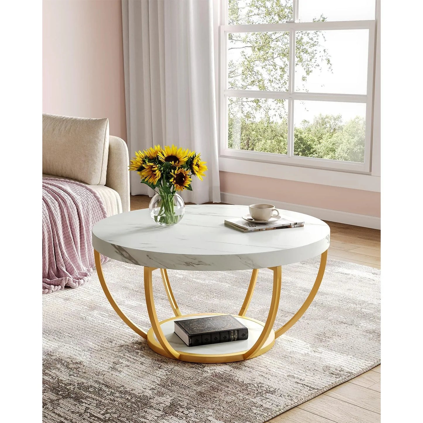 32 Inch Circle Marble Coffee Table with 2 Tier Golden Metal Legs Modern Accent Center Table for Home Furniture