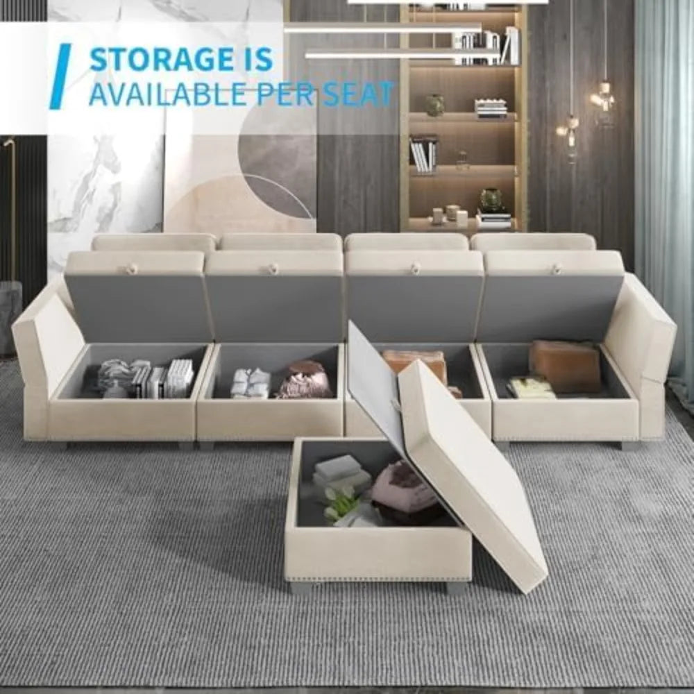 Modular Sectional Sofa 6 Seat U Shaped Sleeper Sofa Couch with Rivet Combination and Storage Ottoman Chaise Adjust